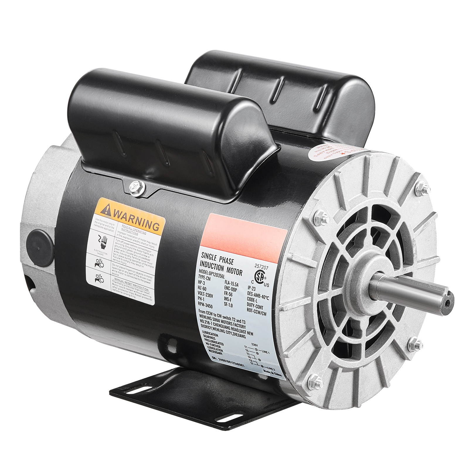 3HP Air Compressor Electric Motor 230V 15.5A 3450RPM 56 Frame CW/CCW Rotation