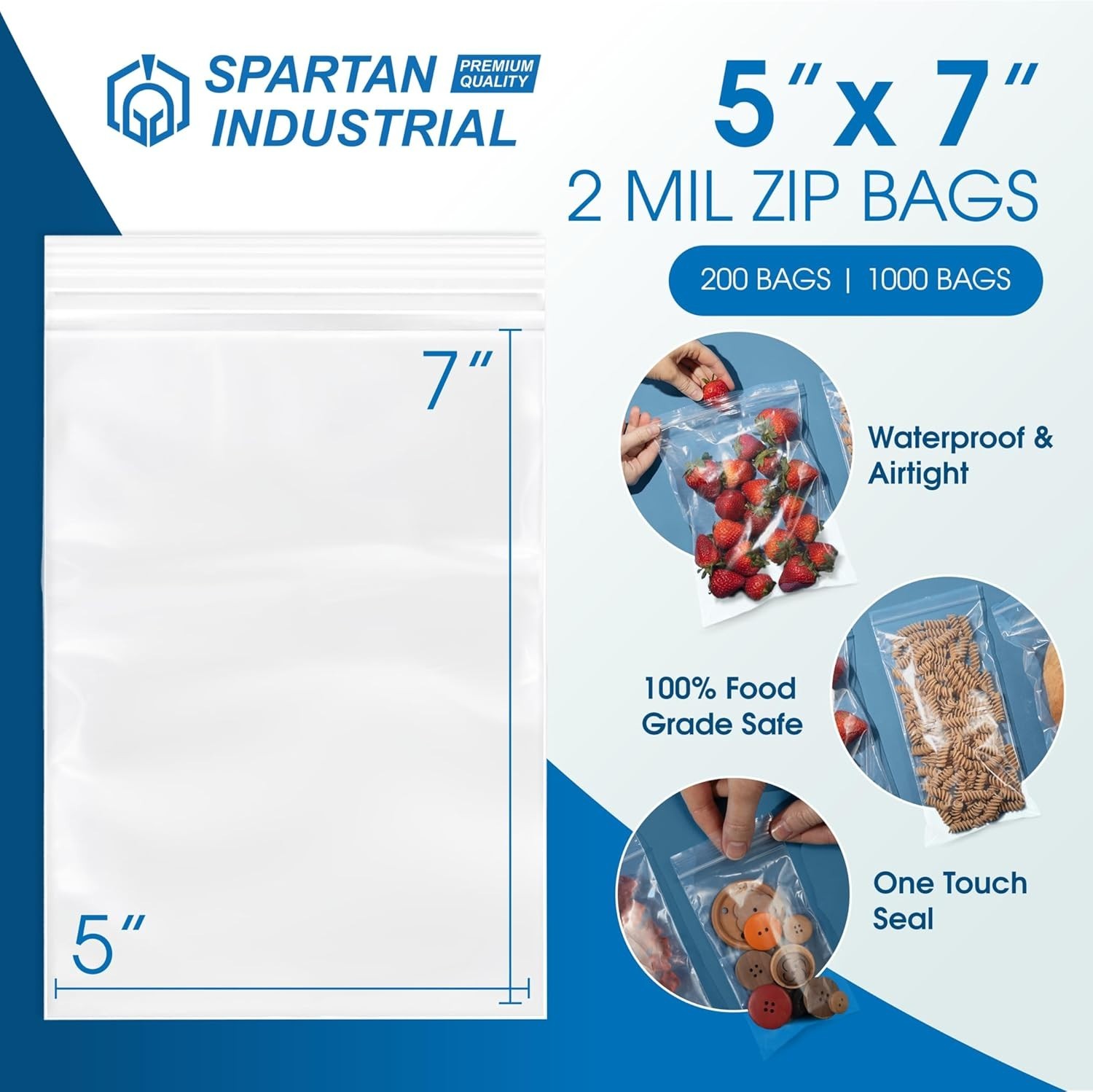 Clear Sealable Zipper Bags – 5×7 – 2 Mil – 1000 Ct