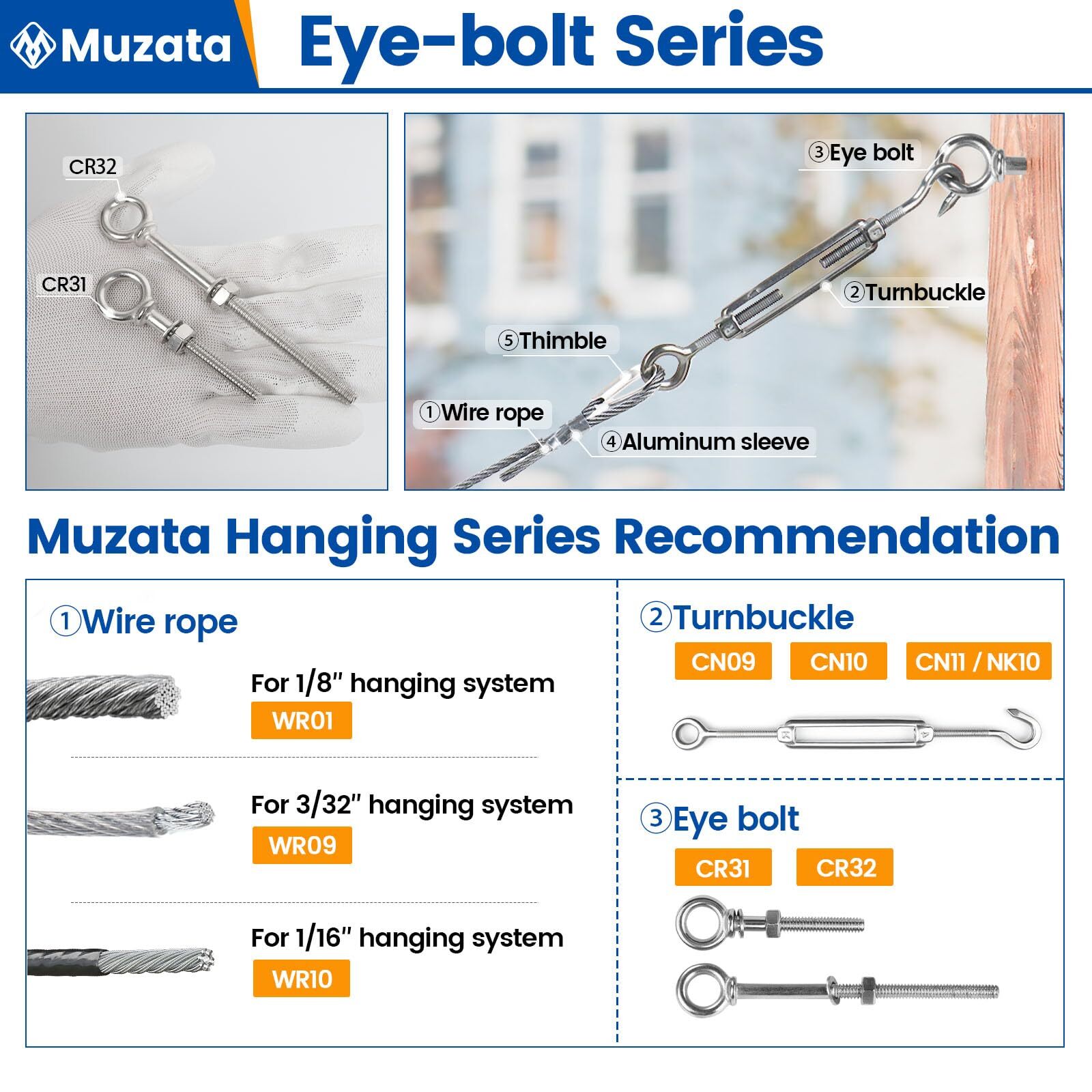 5-Pack 1/4×2-Inch Stainless Steel Eye Bolts with Nuts 3-Inch Heavy-Duty Marine