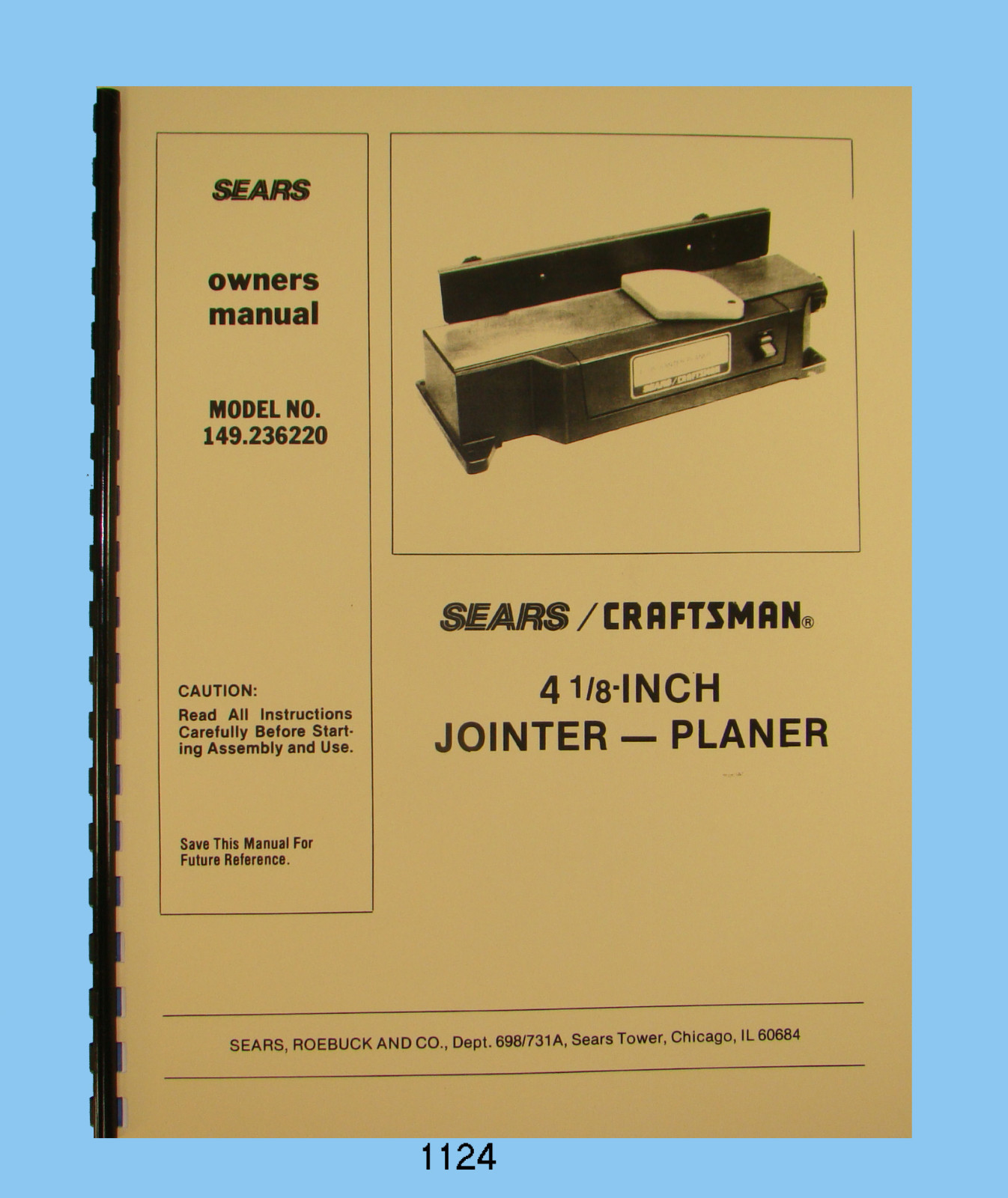 Sears Craftsman 4″ Jointer 149.236220 Owners & Parts List Manual #1124