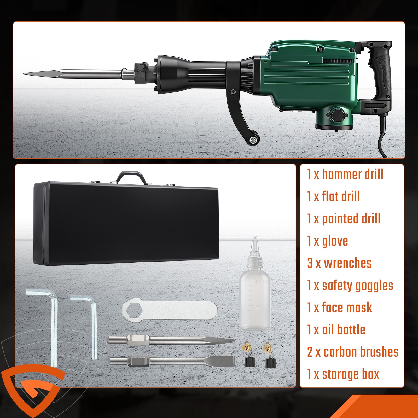 Demolition Jack Hammer Concrete Breaker 3000W Electric Hammer W/ 2 Chisel Bit