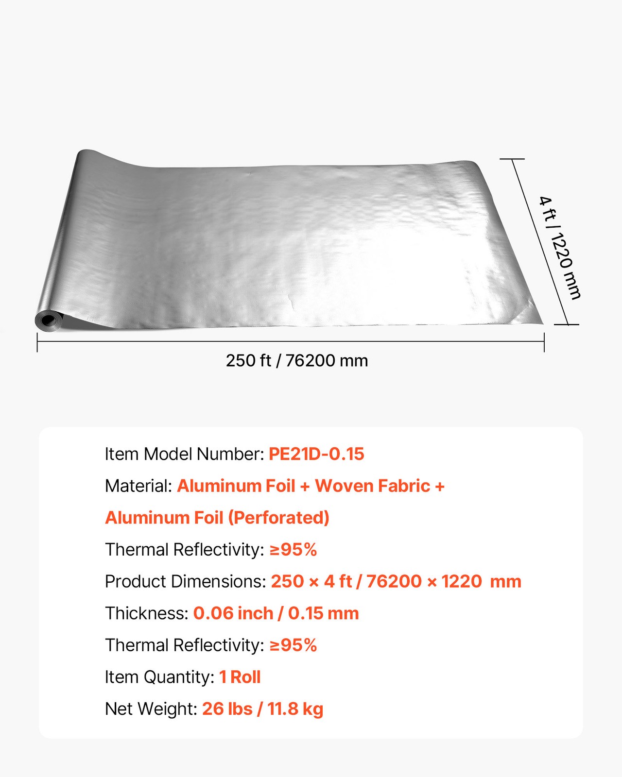 VEVOR Double Reflective Insulation Roll Perforated Radiant Barrier 48in x 250ft