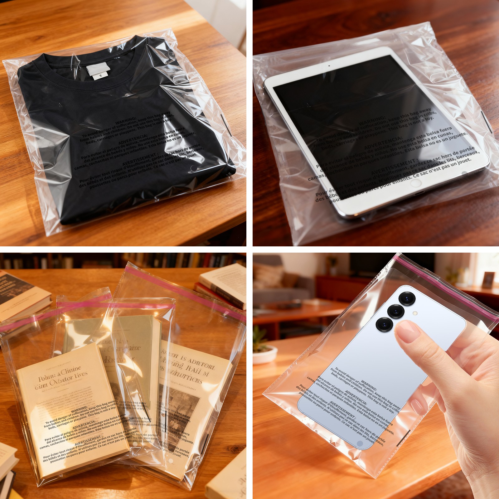 Clear Poly Bags with Suffocation Warning Self Seal Merchandise Packaging For FBA