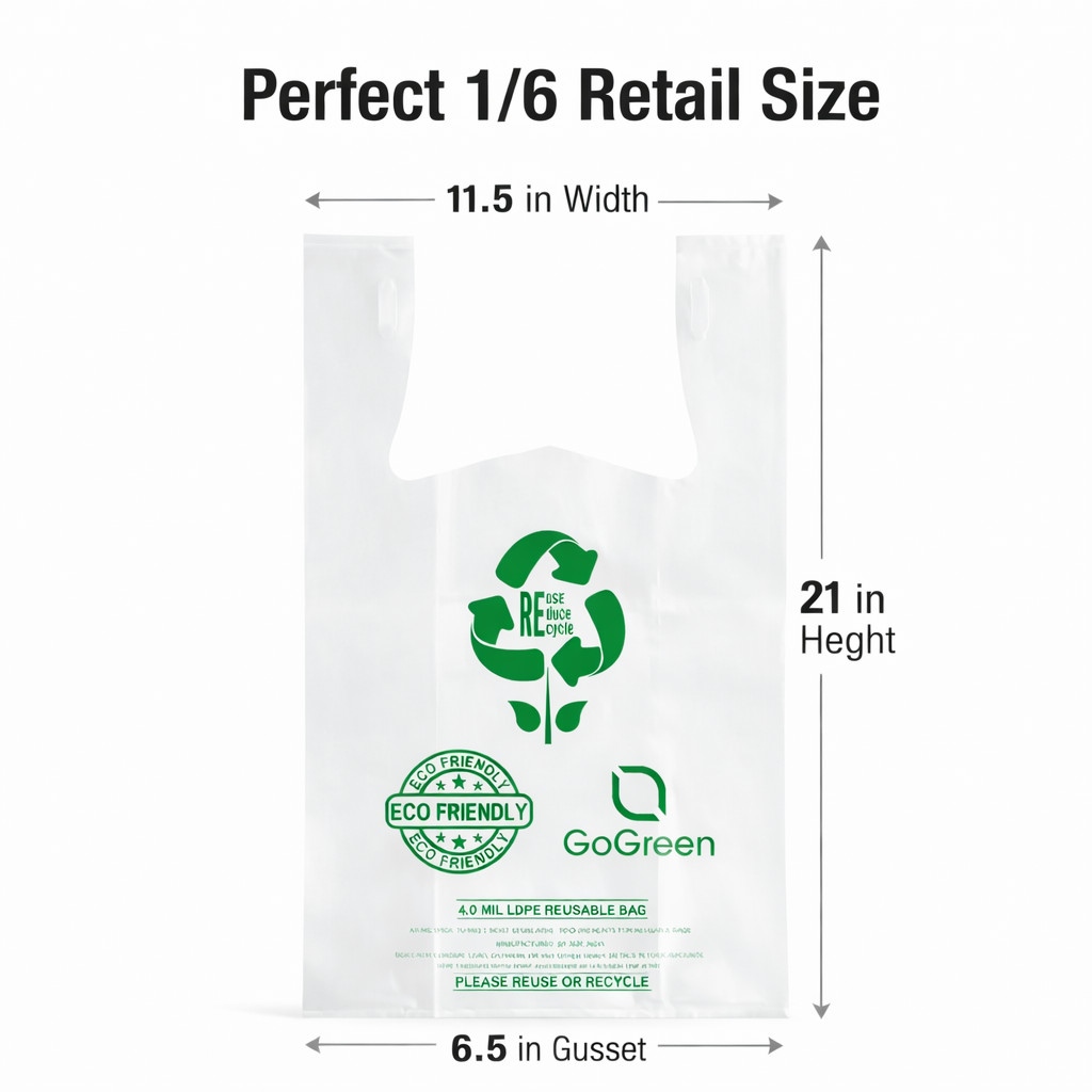 1/6 Clear Heavy-Duty Plastic T-Shirt Bags 4 Mil Reusable Grocery Shopping 21×6.