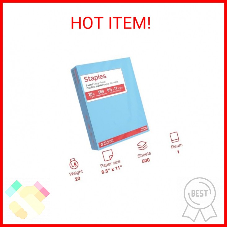 Staples Pastel 30% Recycled Color Copy Paper, 20 lbs., 8.5-inch x 11-inch, Blue,