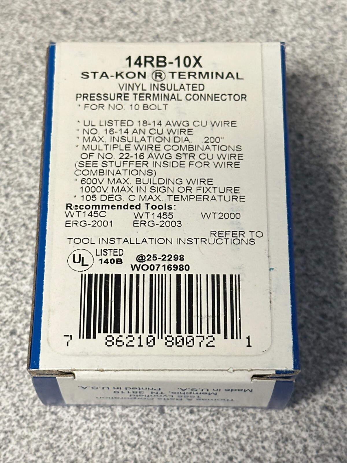 NEW Box of 100 Thomas & Betts Sta-kon 14RB-10X Ring Terminals 18-14 AWG #10 stud