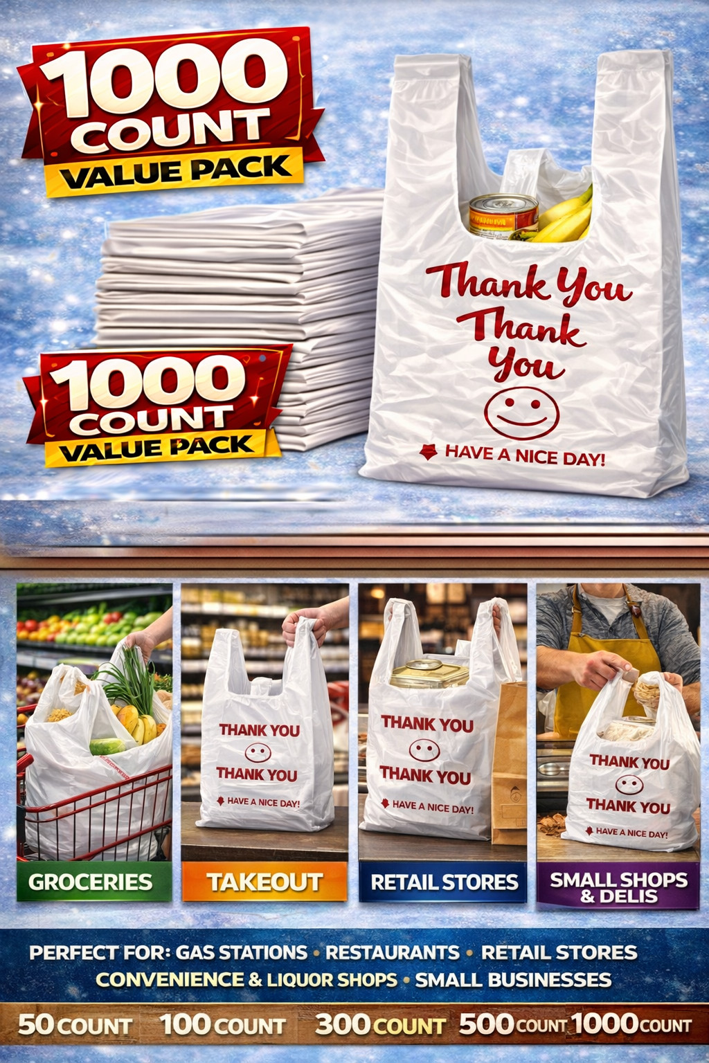 Thank You Plastic Bags 1000 Count Large 11.5×6.5×21 Heavy Duty T-Shirt Bags Bulk