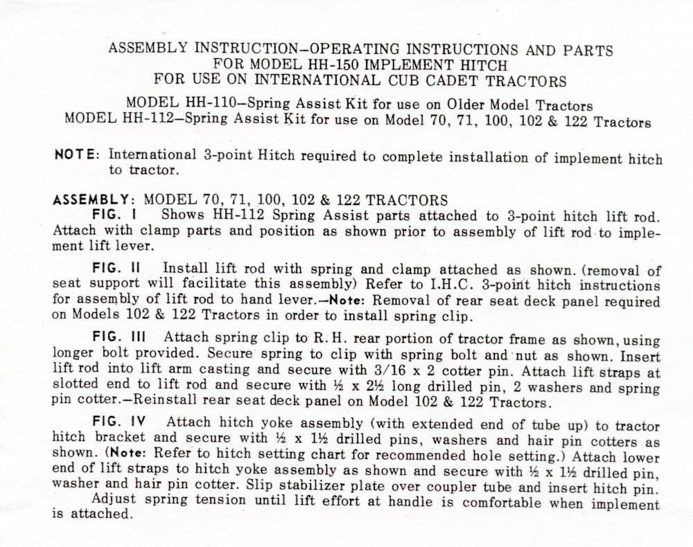 1967 Hitch Settings for Mount Implements OP & Parts Manual Fits Brinly-Hardy