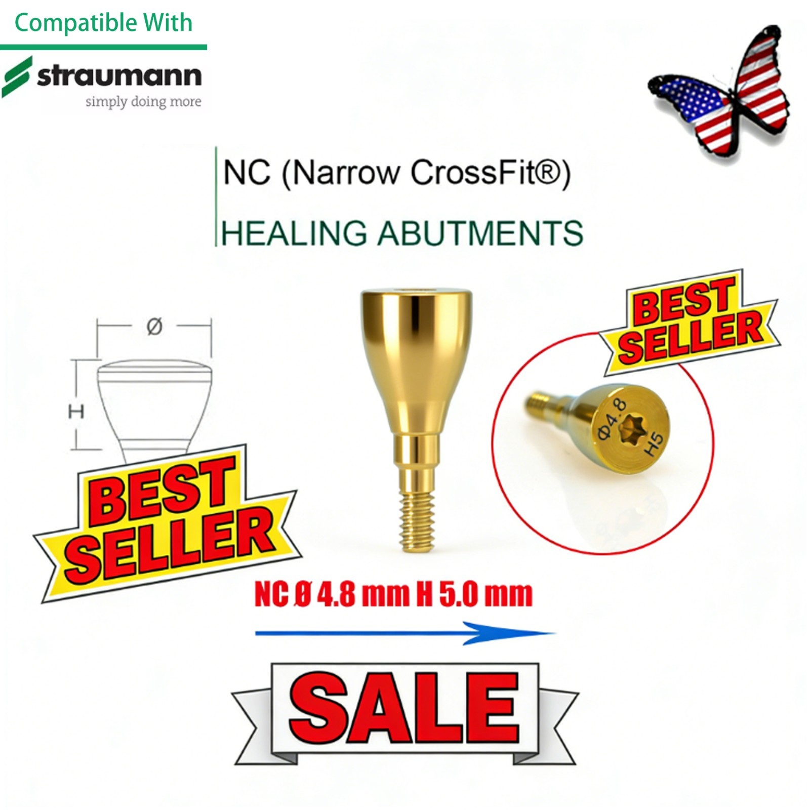 NC Titanium Healing Abutment & Closure Cap Fit Straumann ITI BLT Narrow CrossFit