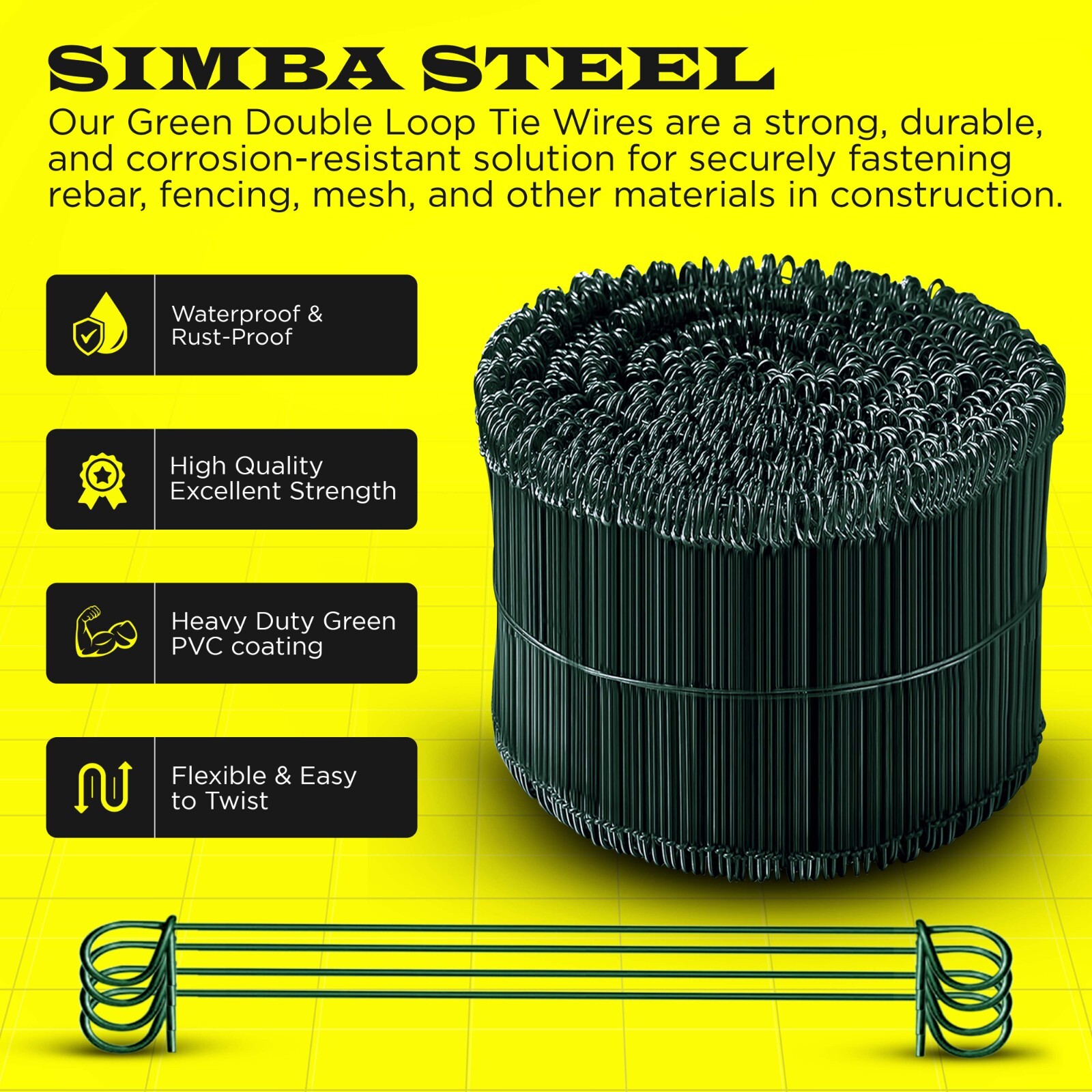 6 Inch x 1000pc GREEN PVC COATED Double Loop Rebar Wire Tie, 16 Gage, SIMBASTEEL
