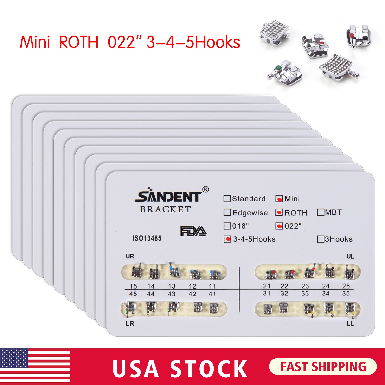 10 packs Dental Orthodontics Metal Bracket Braces Mini MBT 022″Slot Hooks 3-4-5