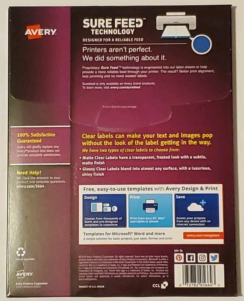 Avery 5664 Matte Clear Address Shipping Label Laser Printer 3-1/3″x4″ 300 Labels