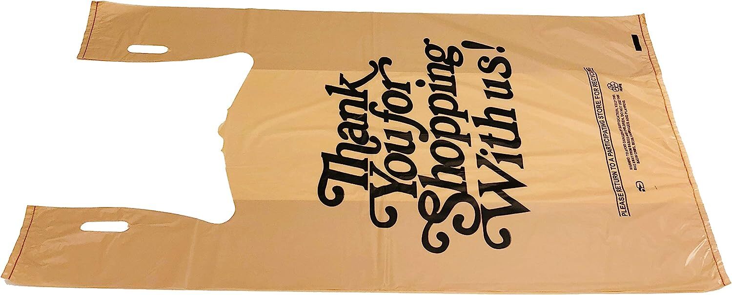 Choice 1/6 Standard Size Beige “Thank You” Script Heavy-Duty Plastic T-Shirt Bag