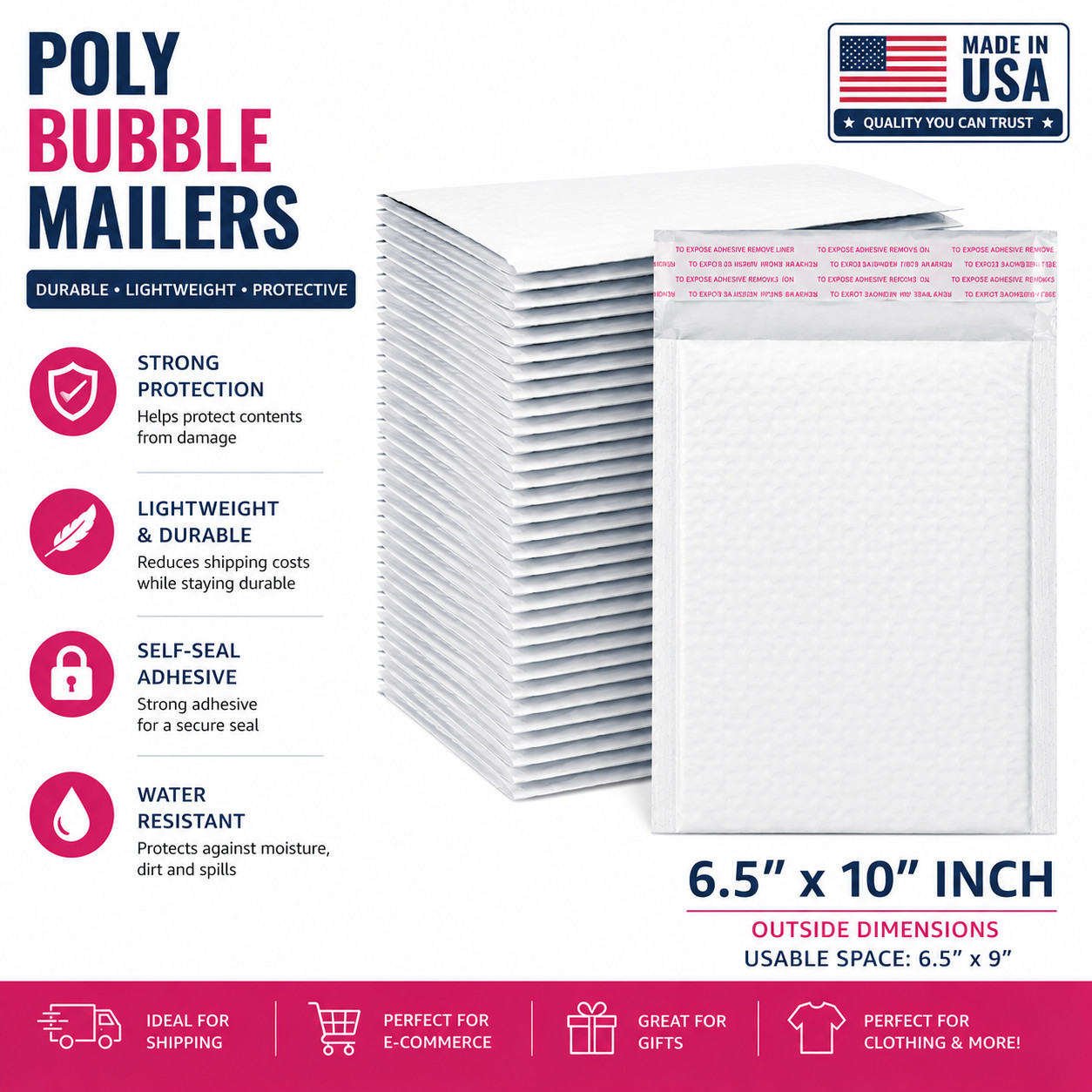 6.5 x 10 Poly Bubble Mailers Padded Envelopes MADE IN USA Shipping Bags
