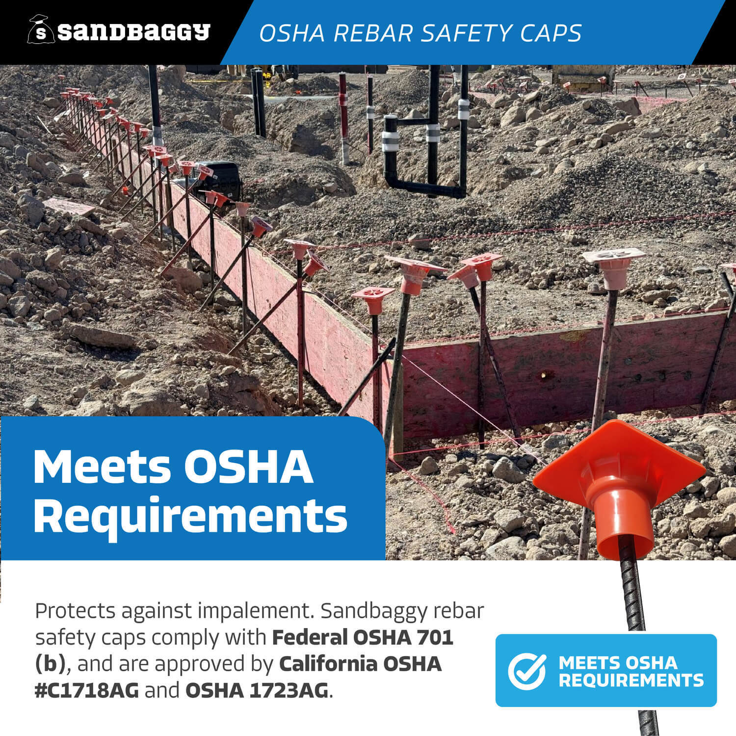 Sandbaggy OSHA Rebar Safety Caps (Impalement Protection) | Rebar #3-8 [USA Made]