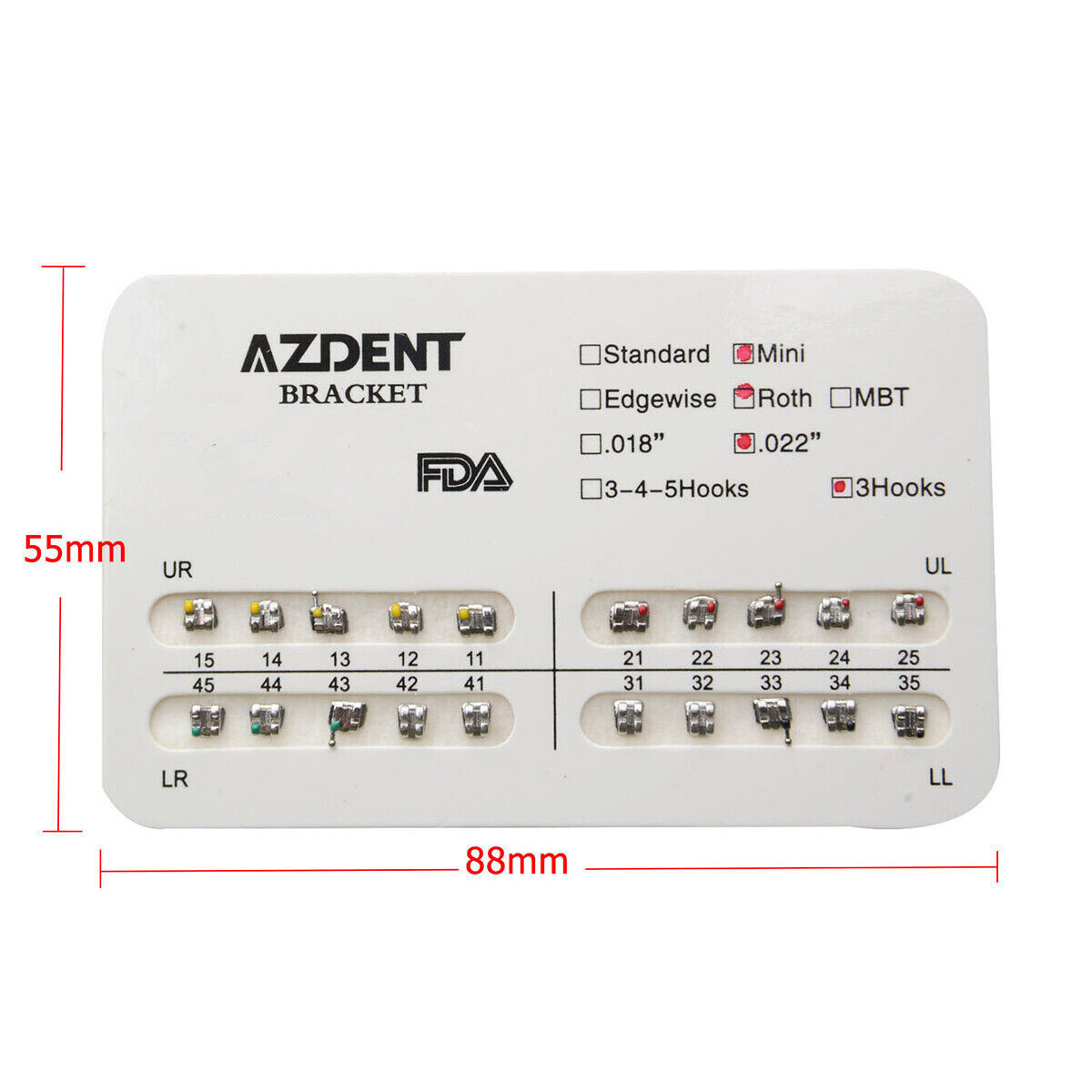 AZDENT Brackets de Ortodoncia Dental Estándar Roth MBT.022/018 con Ganchos 3/345