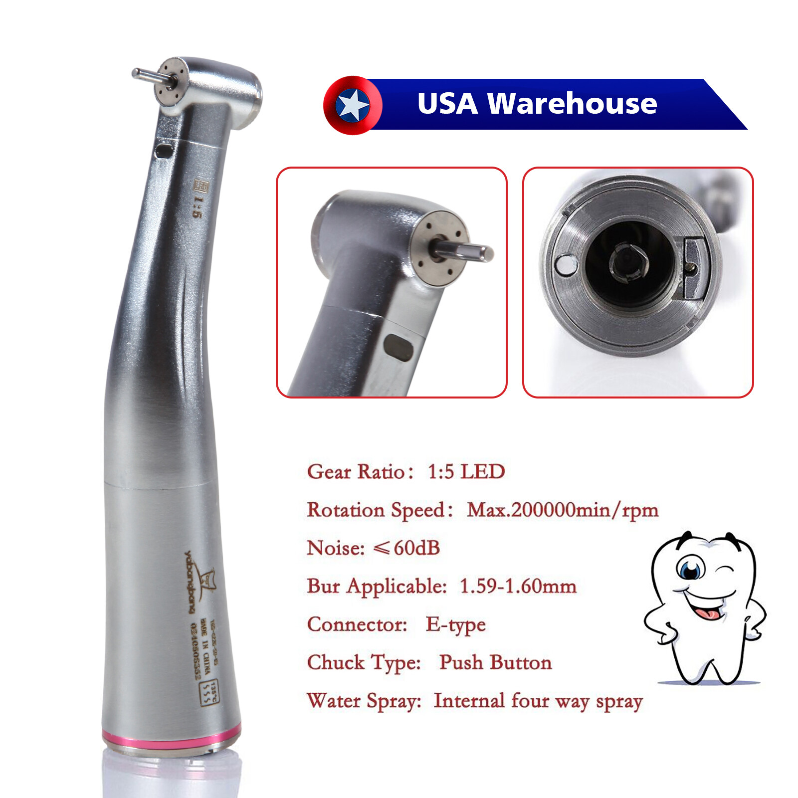 Dental 1:5 Increasing Handpiece Contra Angle LED For NSK Electric Motor E Type