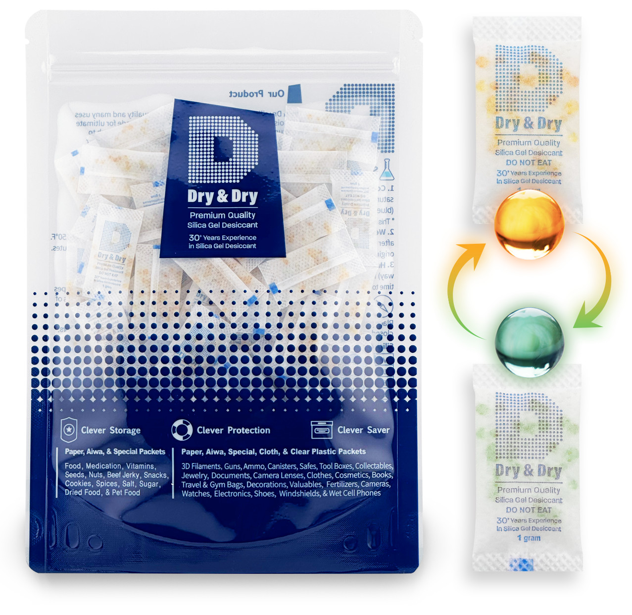 1 gram X 200 PK “Dry & Dry” Food Grade Orange Indicating Silica Gel Packets