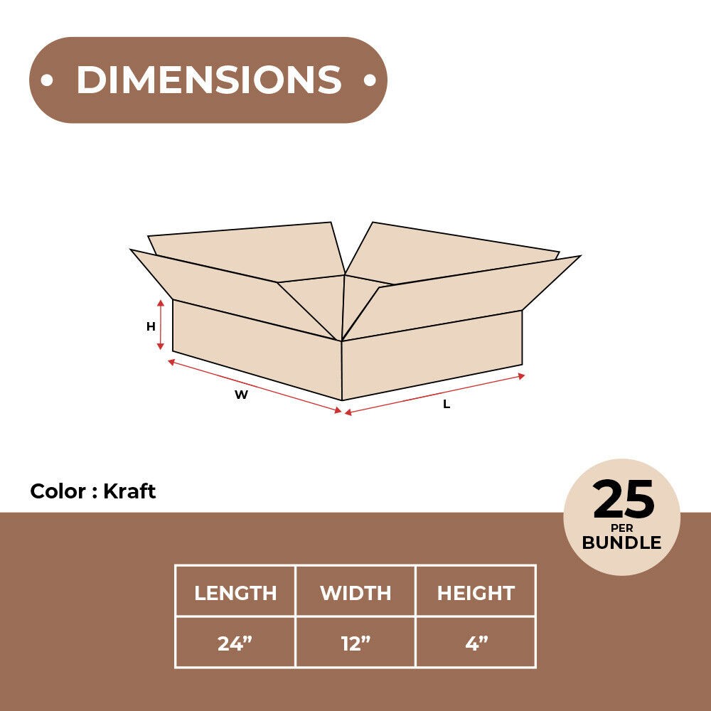 24 x 12 x 4 – Flat Corrugated Boxes – ECT-32, 25/Bundle