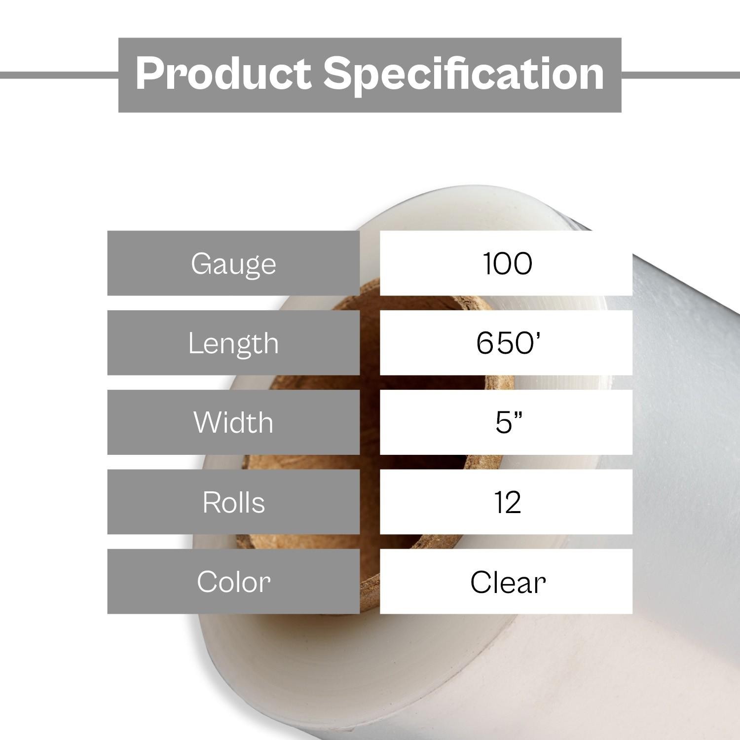 Cast Hand Stretch Wrap 12 Rolls 5″ x 650′ 100 Gauge Clear Bundling Shrink Film