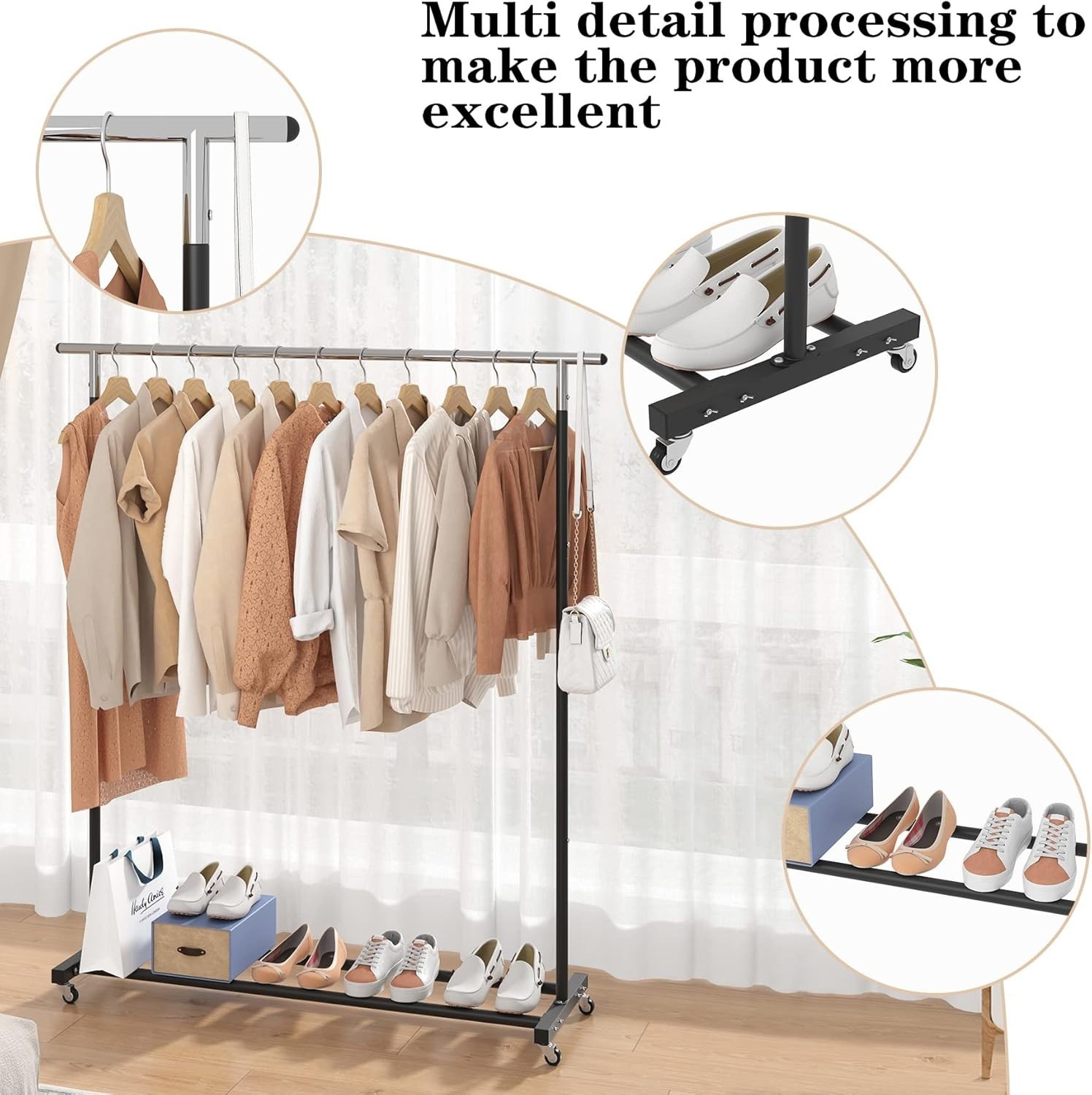 Adjustable Black Metal Rolling Garment Rack – Space-Saving, Portable, Heavy-Duty