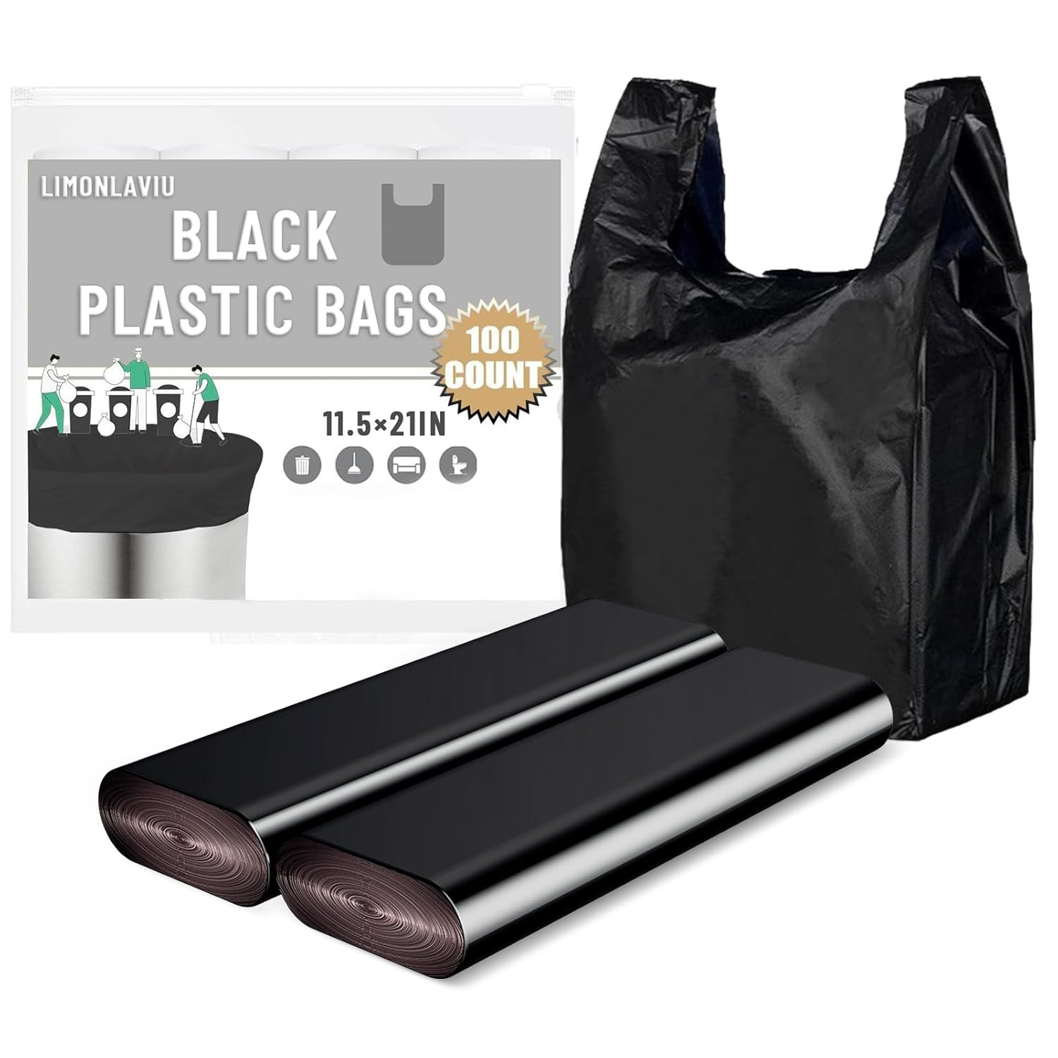 Black Plastic Grocery Bags, 100 Pack, 11.5’x 6.5″ x 21′, 22 Pound Capacity, Heav