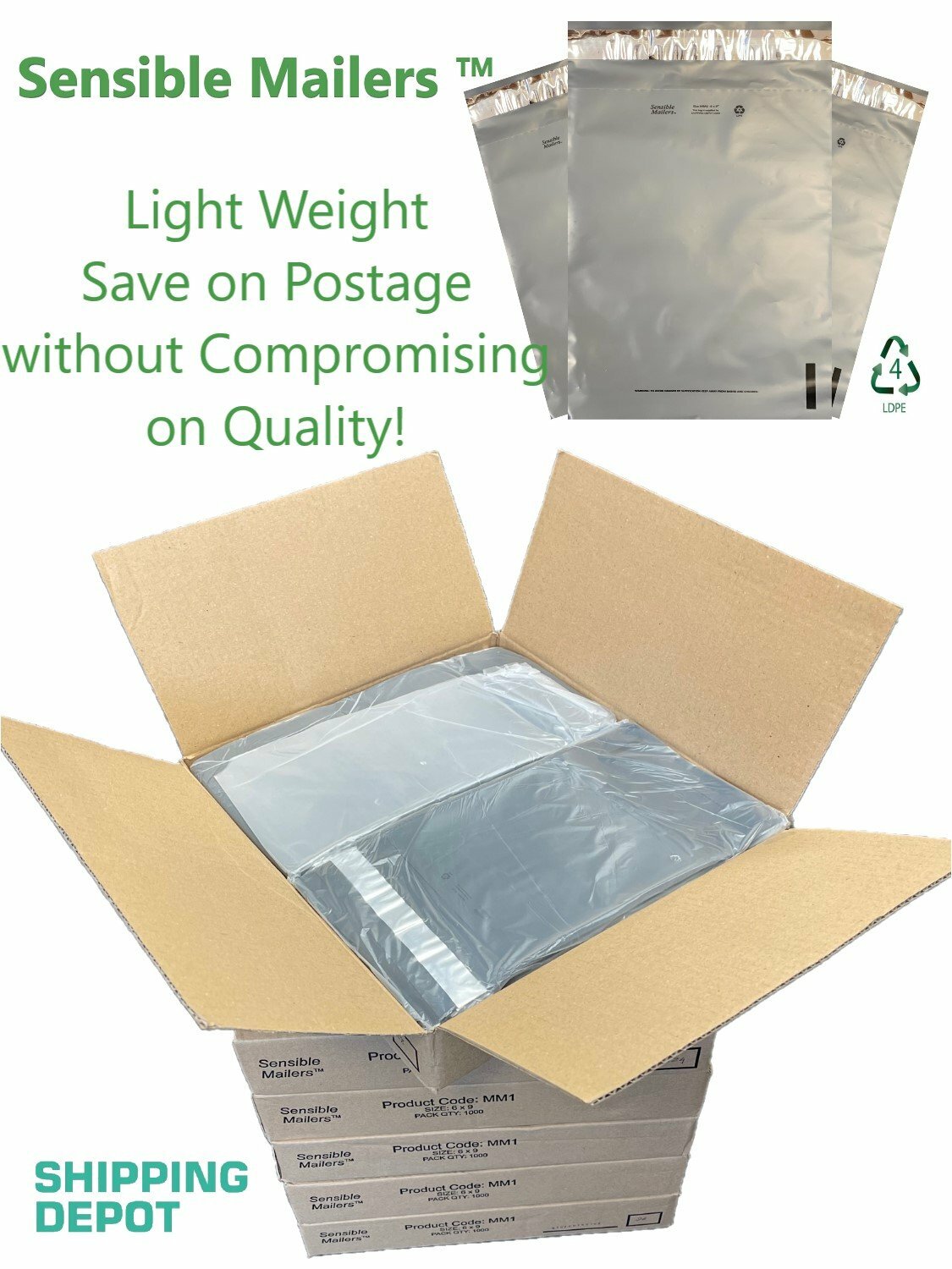 Eco-Friendly Poly Mailer Envelopes by Sensible Mailers 100% Recycled Material
