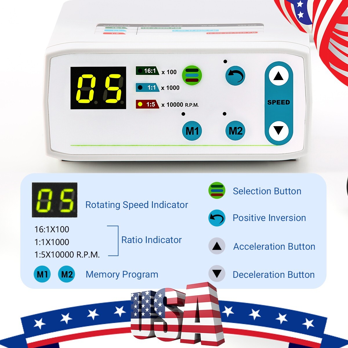 AZDENT Dental Brushless LED Electric Micro Motor 4 Holes 1:1/1:5/16:1 E-Type