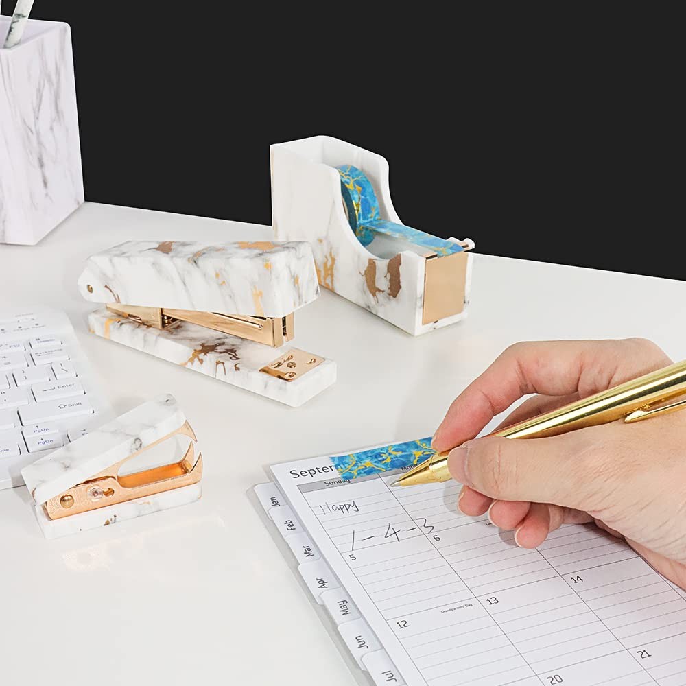 Mei Yi Tian Marble Gold Line Print Gold Stapler Staples Remover Tape Dispenser