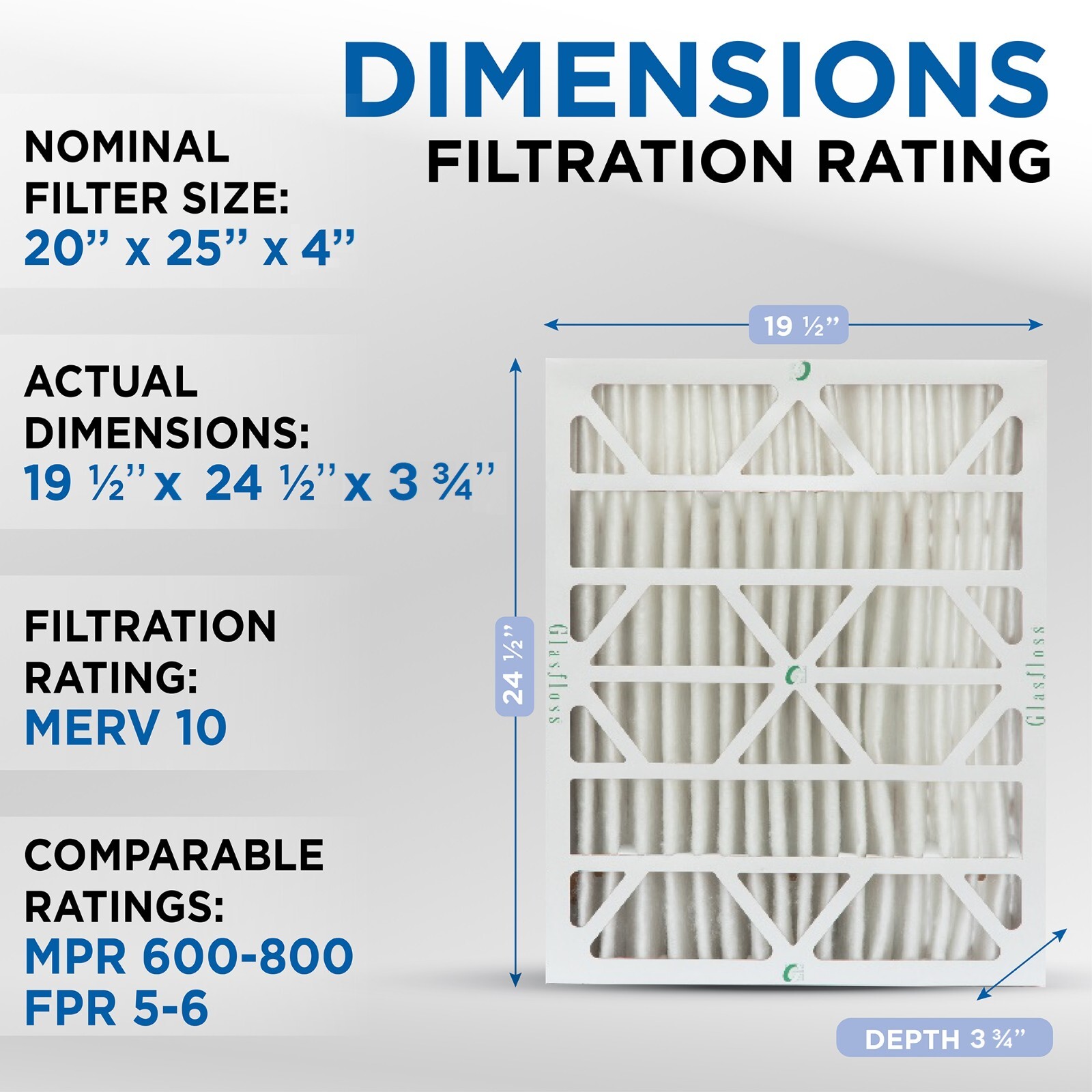 20x25x4 MERV 10 AC Air Filters. 6 PACK. Actual Size: 19-1/2 x 24-1/2 x 3-3/4