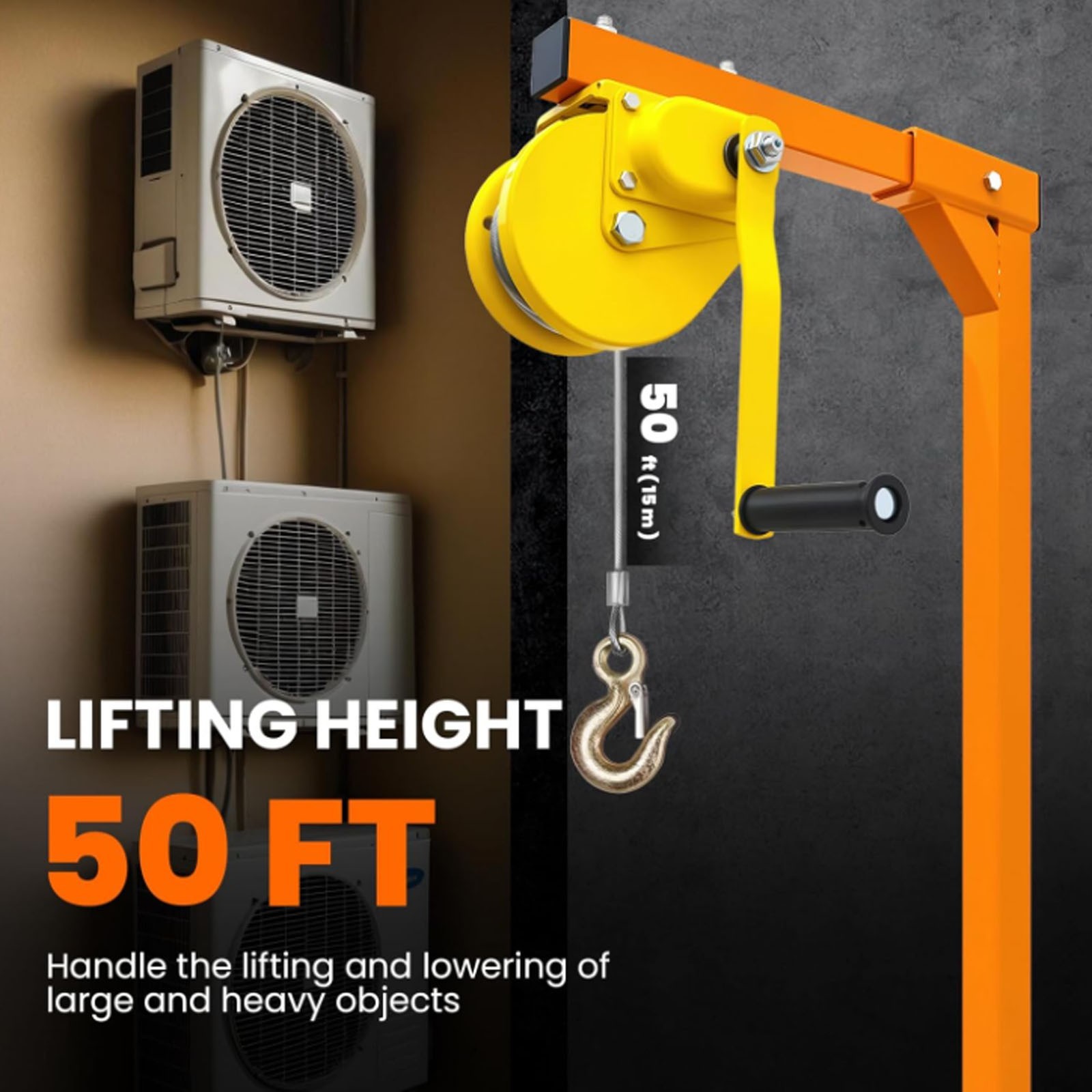 Air Conditioner Lifting Crane Tool 50FT HVAC Hoist Lift Bracket w/ 1500LB Winch