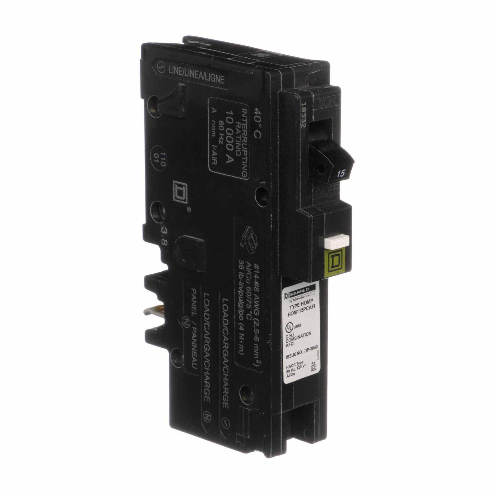 HOM115PCAFI – Square D Plug-In 120V 15A 1 pole circuit breaker 10kA@120V