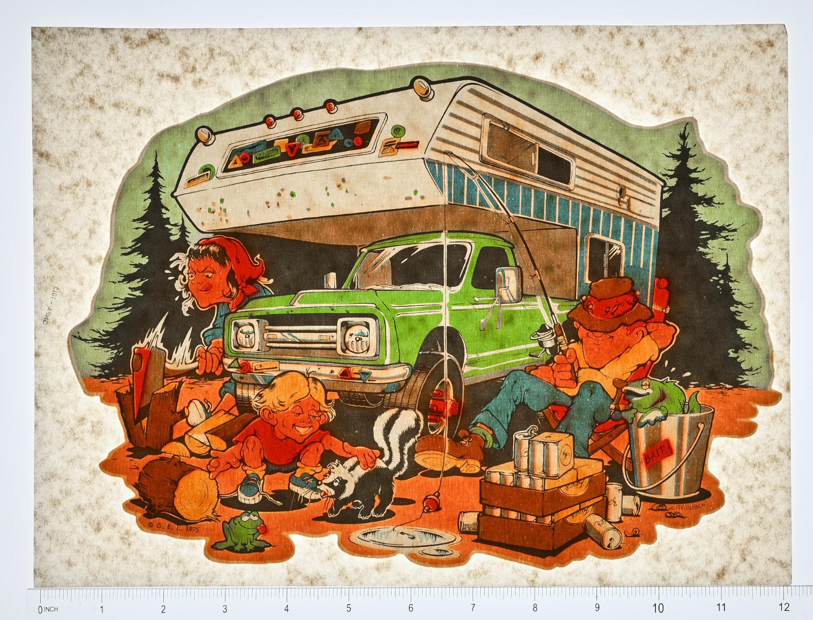 Original VINTAGE 1970s Heat Transfer | Camping Truck Family Cartoon – GEL ’75