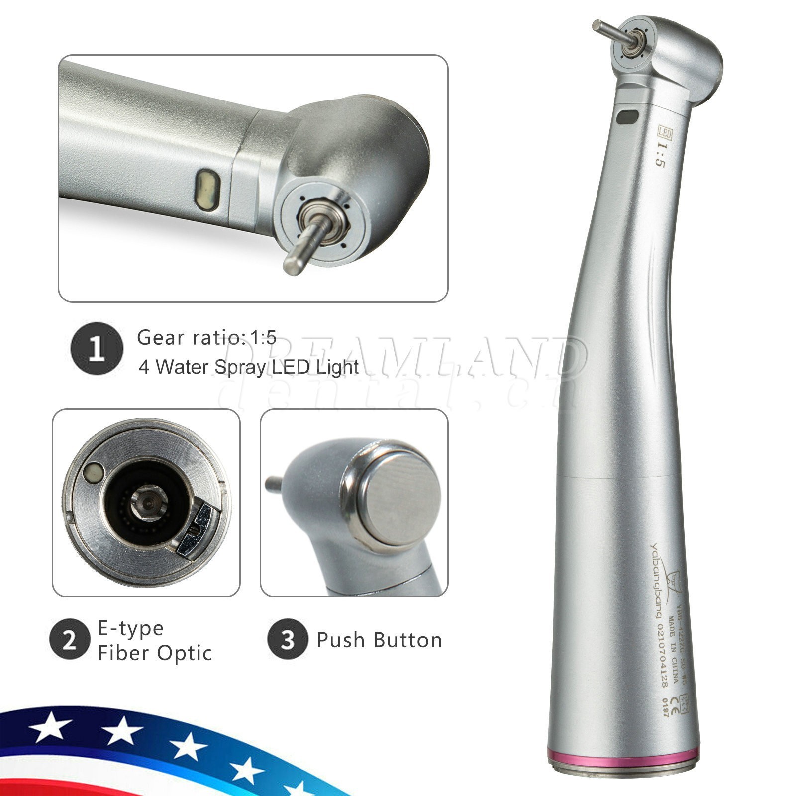 NSK Style Dental 1:5 Increasing Handpiece Fiber Optic LED Contra Angle Red Ring