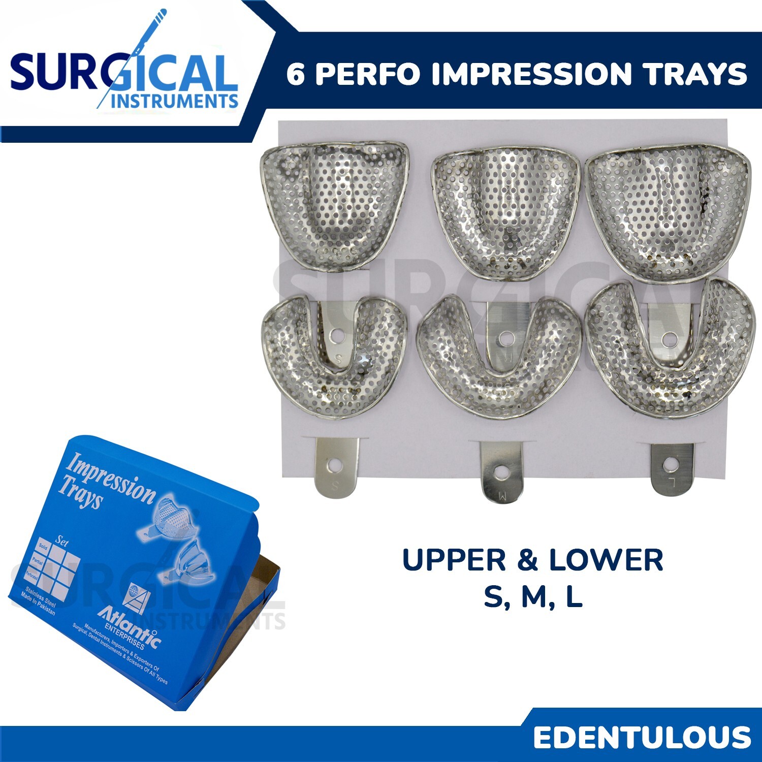 6 Metal Dental Impression Trays set Perforated Upper & Lower Denture Edentulous