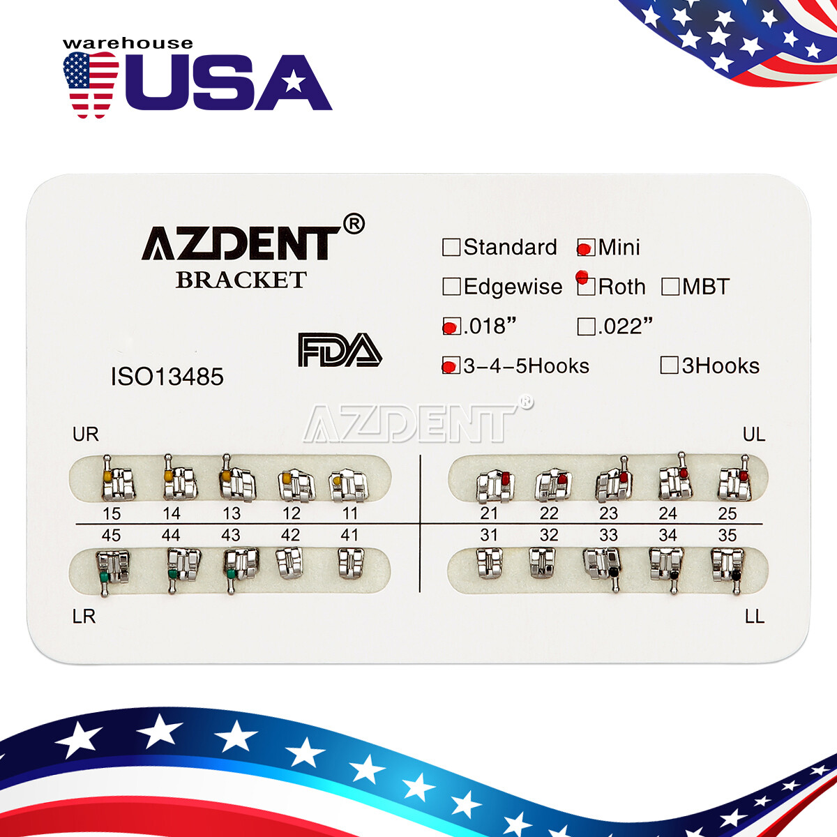 10 Kits AZDENT Dental Orthodontic Metal Bracket Braces Mini Roth .018 Hooks 345