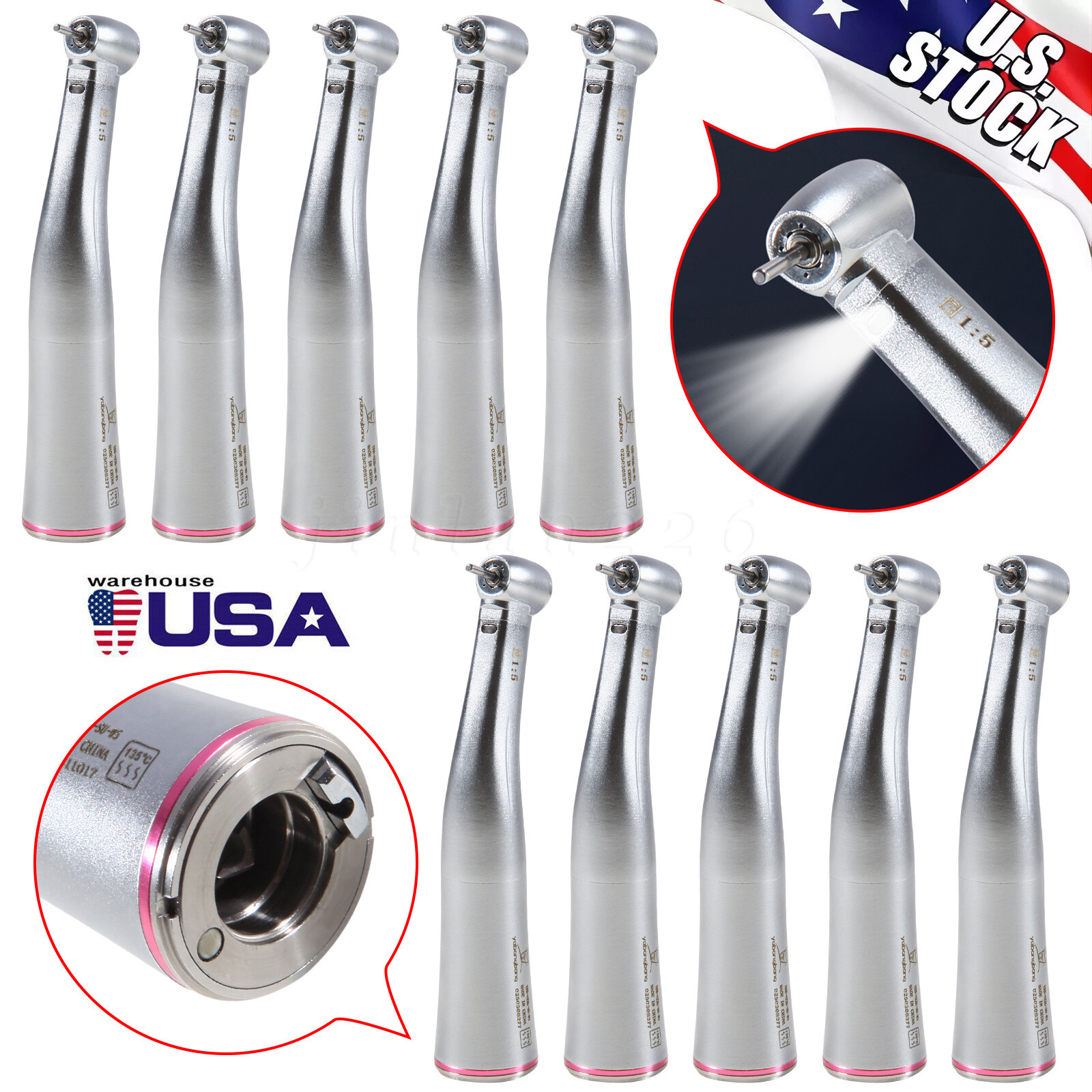 1-10 Pcs Dental 1:5 LED Contra Angle Fiber Optic Handpiece Fit KaV NSK Motor