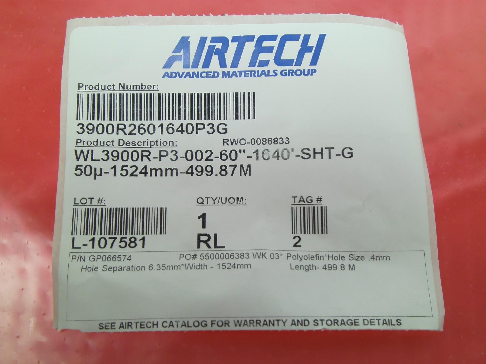 60″ Width X 4 YARDS Airtech Wrightlon 3900 Perforated Release Film Polyolefin LR