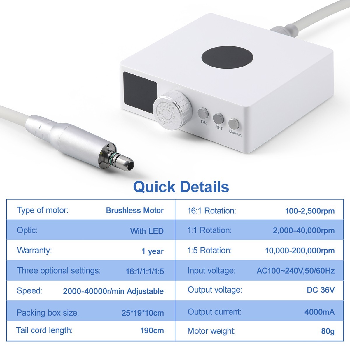 Dental Electric Micro Motor Brushless LED Micromotor 4 Hole 1:1 1:5 16:1 Modes