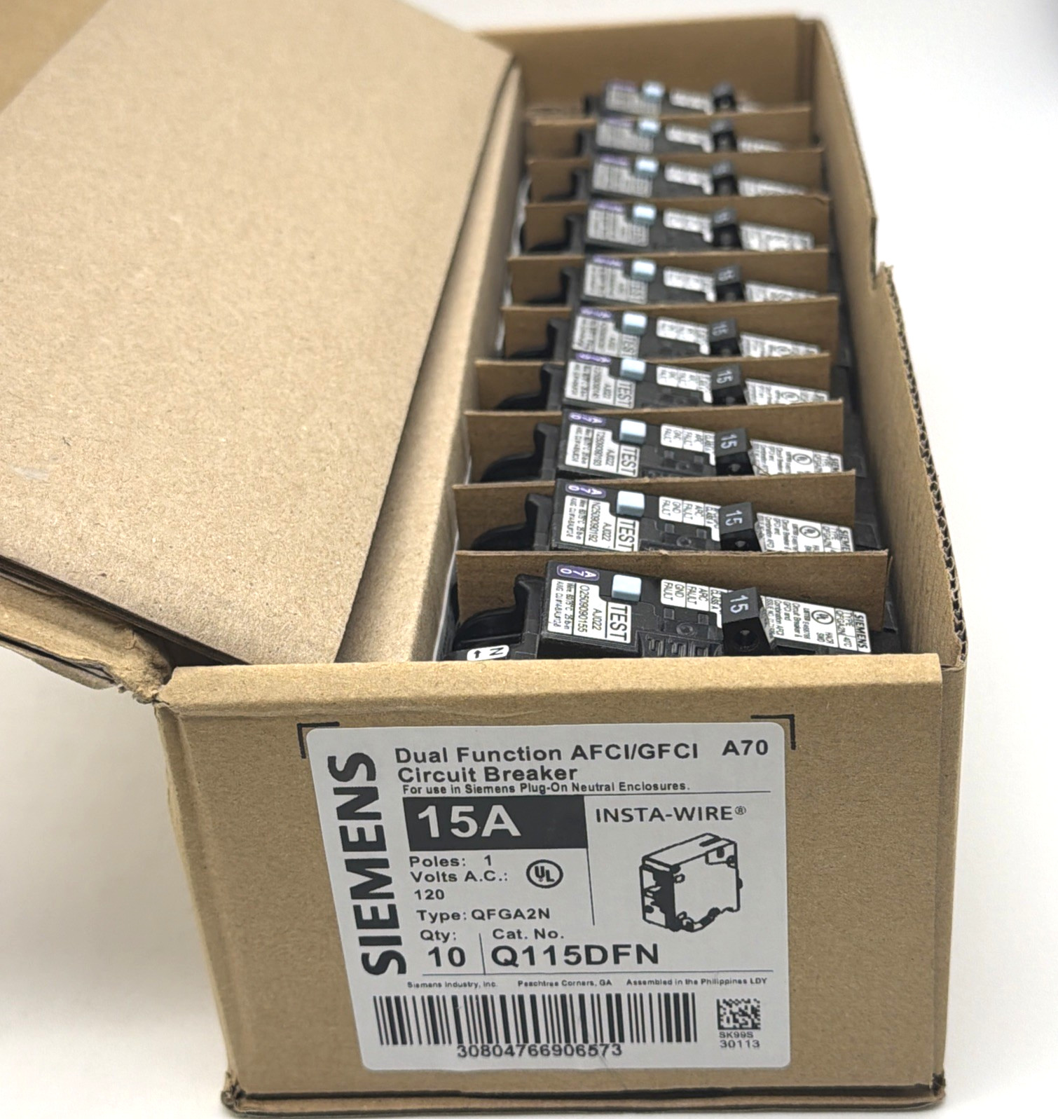 10X Siemens Q115DFN 15A 120V AFCI/GFCI Dual Function Plug-On Neutral Breaker NEW