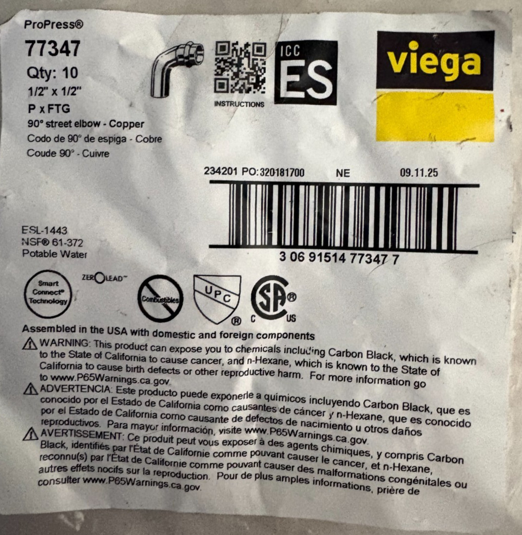 Viega ProPress 1/2 in. Press x 1/2 in. FTG 90-Degree Street Elbow – 10PK – 77347