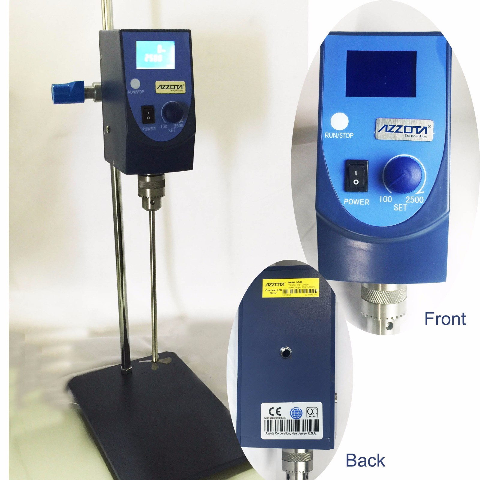 Azzota® Heavy Duty LCD Digital Overhead Stirrer, 20L, 100-2500RPM