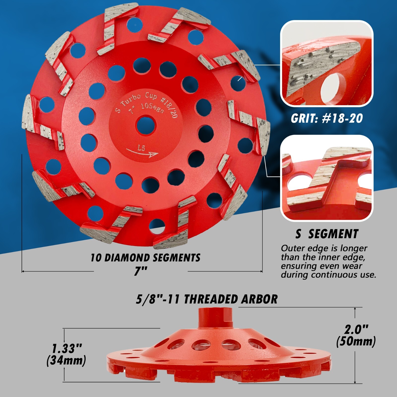 7″ Aggressive Diamond Grinding Concrete Cup Wheels 5/8″-11 Arbor #18/20 Grit