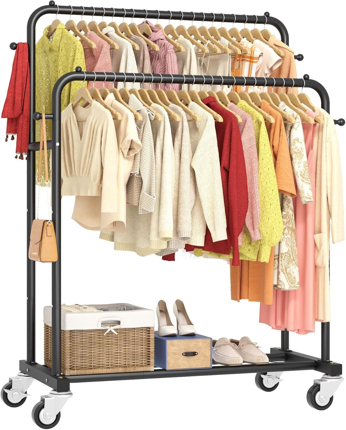 Black Double Rods Garment Rack with Wheels – 150lbs Capacity