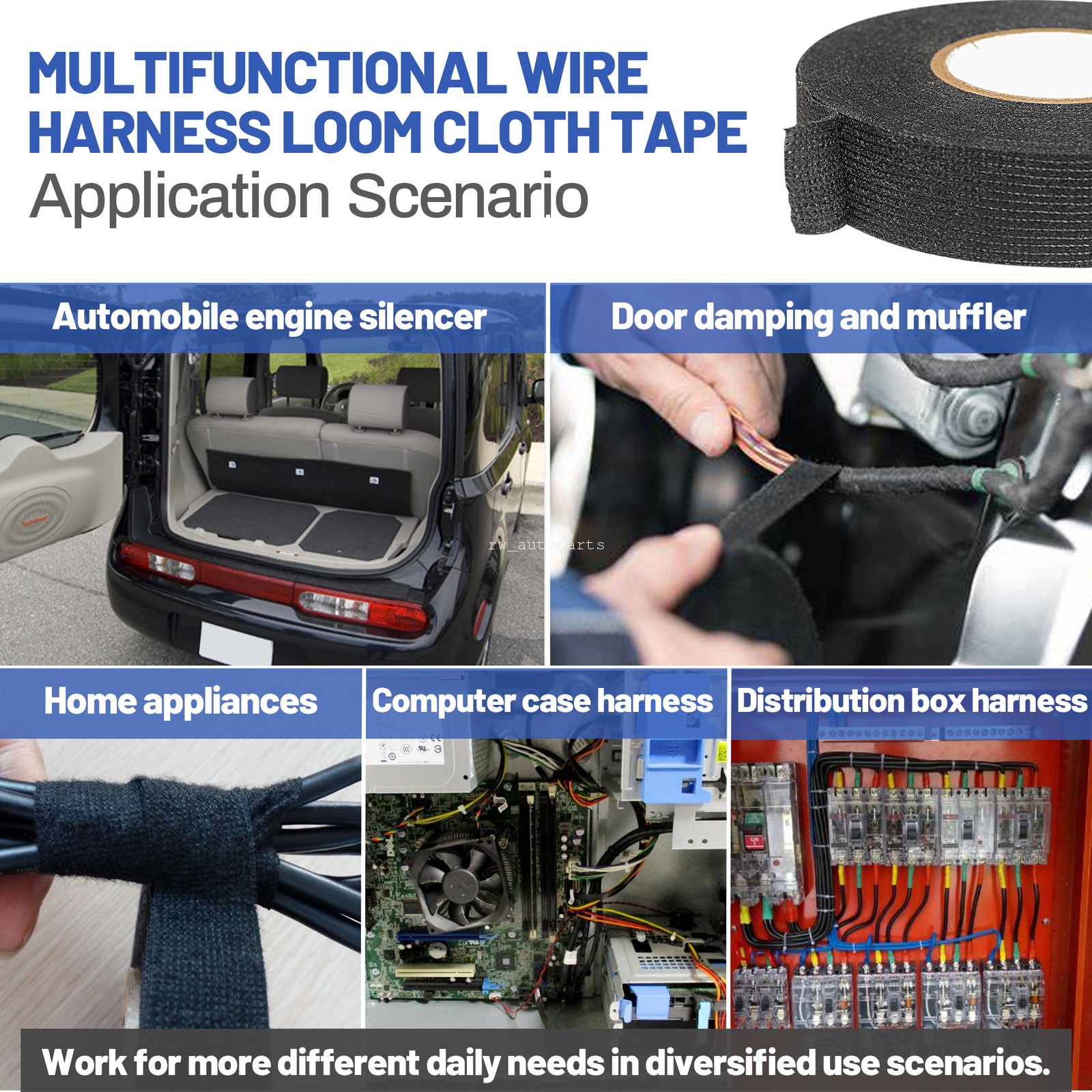 2 Rolls Wire Loom Harness Insulation Tape Cloth Wrap Protection Noise Reduction