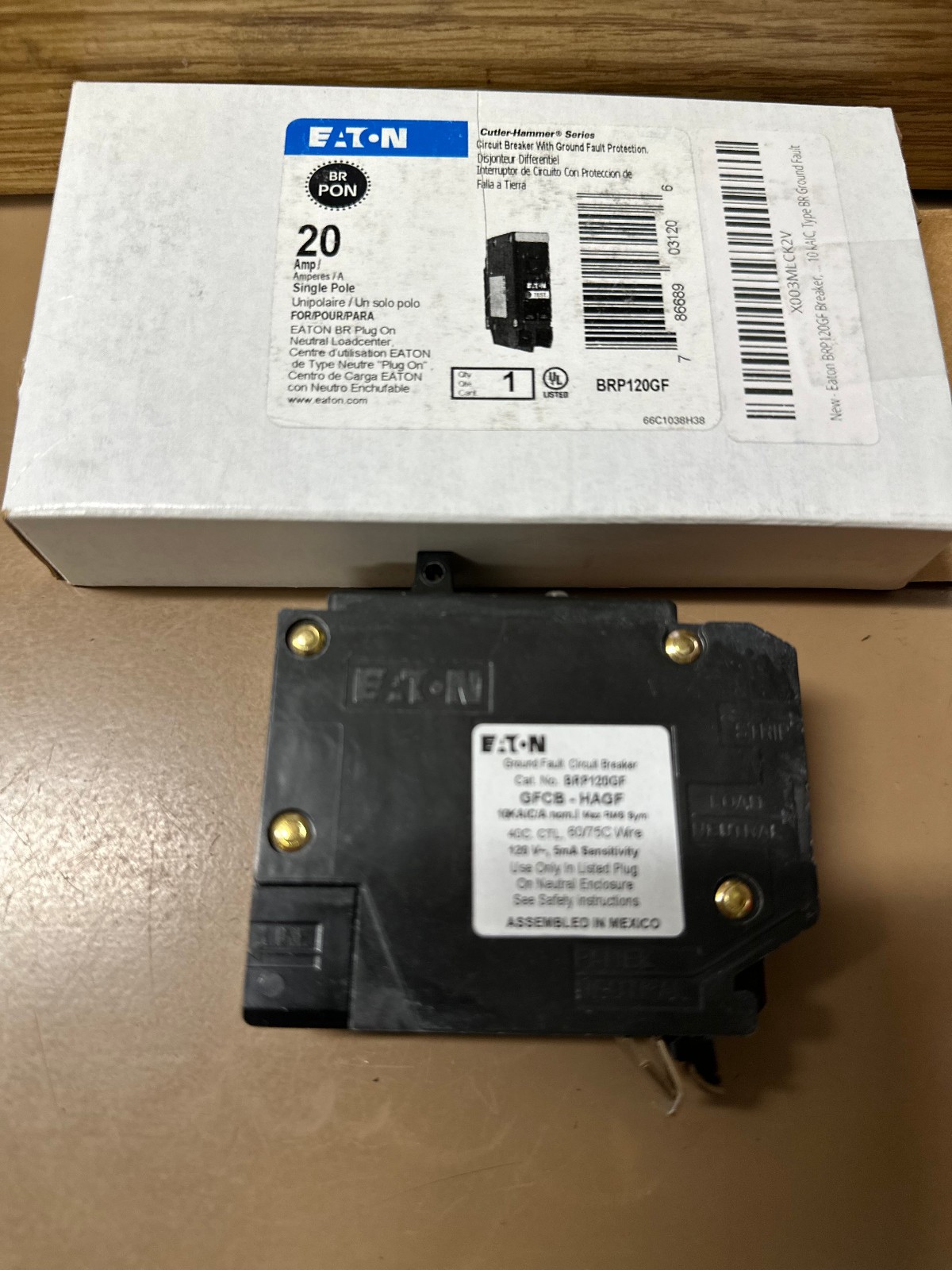 Eaton BRP120GF 20 Amp Single Pole 120V Plug-On Neutral GFCI Ground Fault Circuit