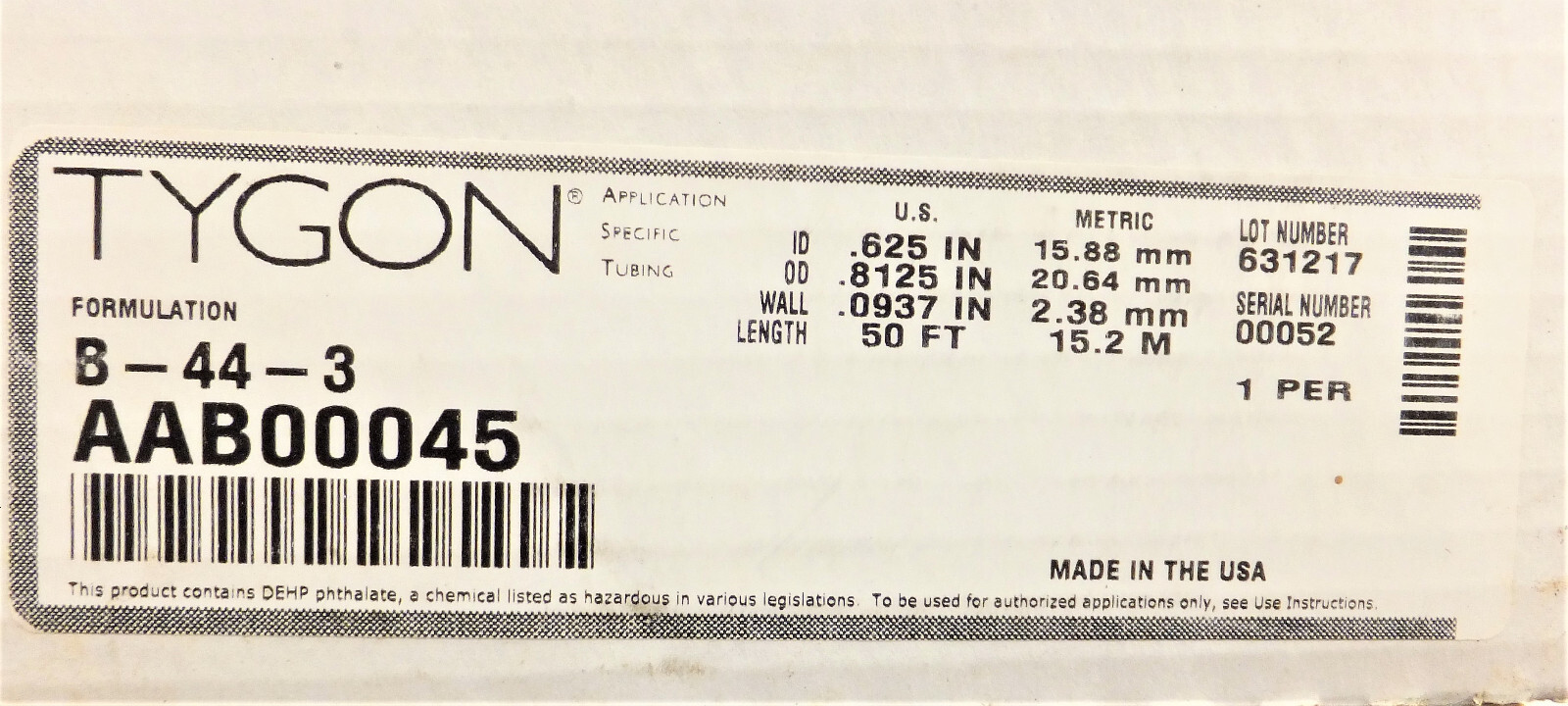 TYGON B-44-3 TUBING AAB00045 *5 FT MIN LENGTH*PRICE IS PER FT.* SEE DESCRIPTION