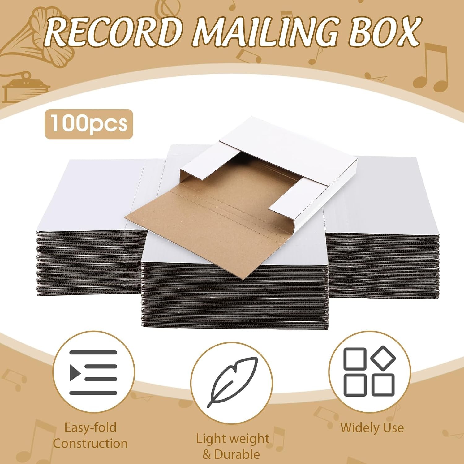 100 Pack 7 Inch Vinyl Record Mailers Boxes 45 RPM Easy Fold LP Cardboard Mailing