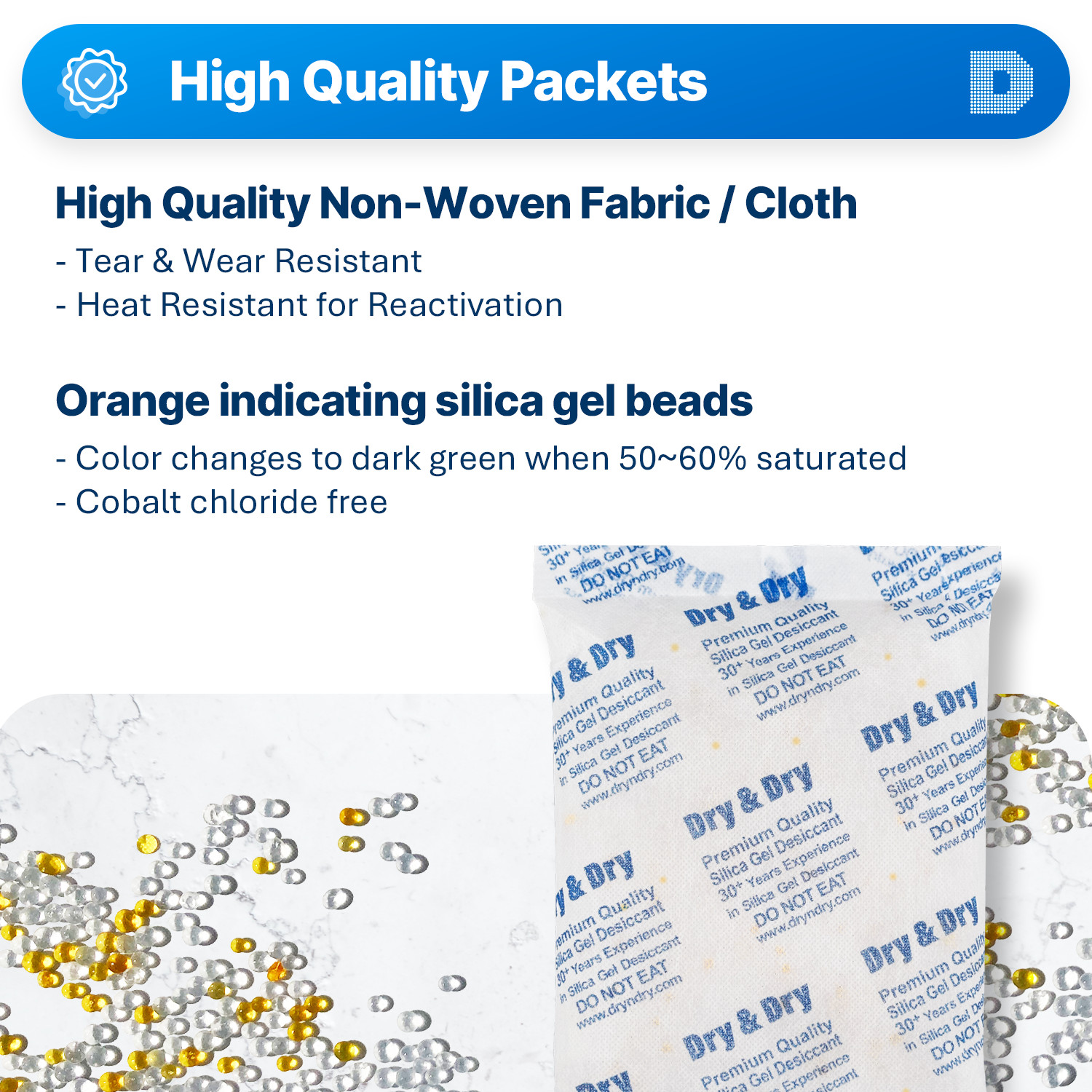 500 gram X 10 PK “Dry & Dry” Food Grade Orange Indicating Silica Gel Packets