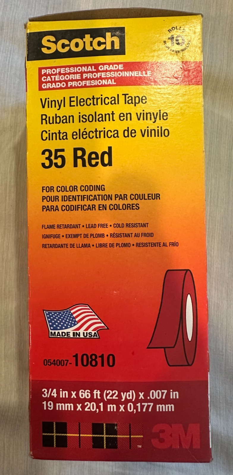 3M Scotch 10810 Vinyl Electrical Coding Tape #35 Red, 3/4 in x 66 ft, 10 Rolls
